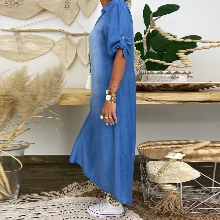 La Vie d'Amsterdam | Lea | Lange jurk in jeanslook met zijsplit