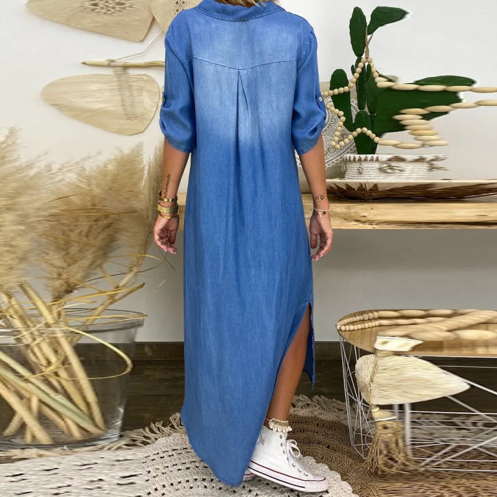 La Vie d'Amsterdam | Lea | Lange jurk in jeanslook met zijsplit