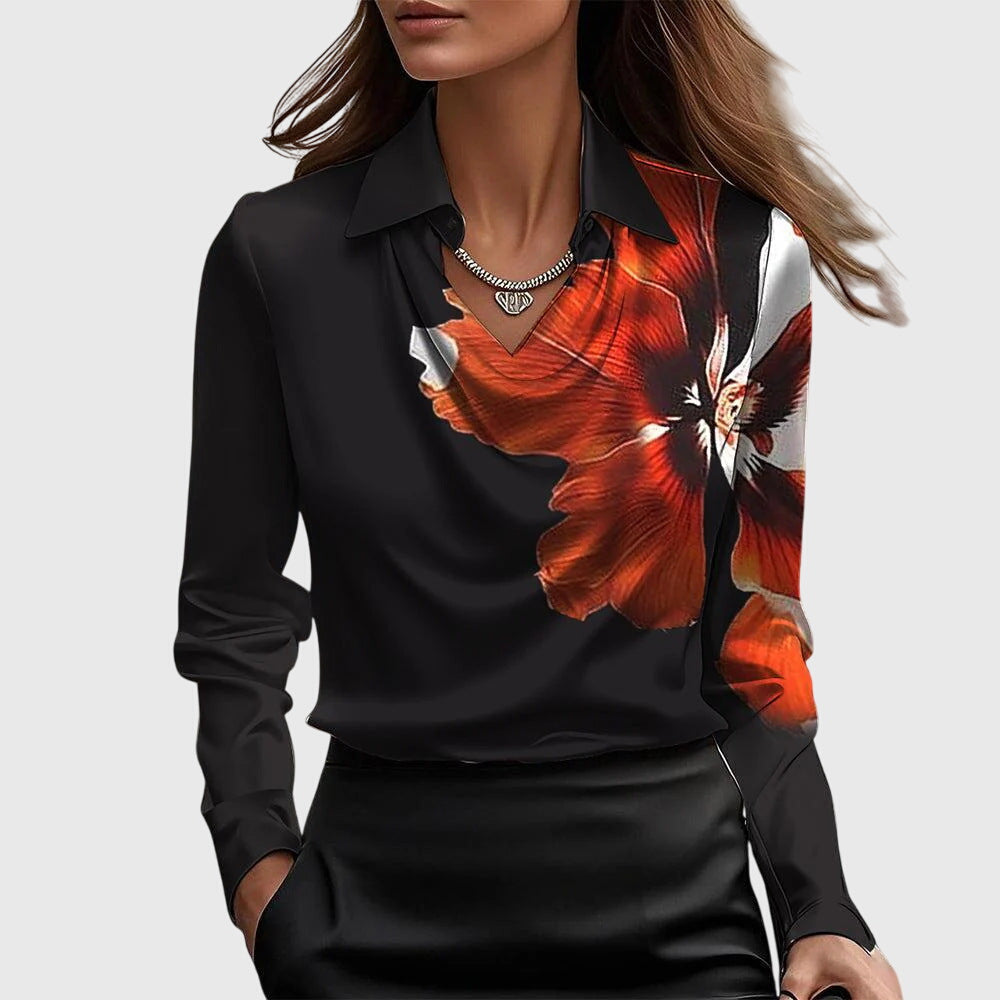 La Vie d'Amsterdam - Sylvie Blouse met luxe glans en plooihals